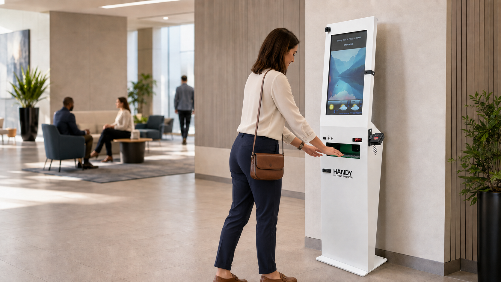 Woman using the HANDY Kiosk Pro in a bright shared lobby